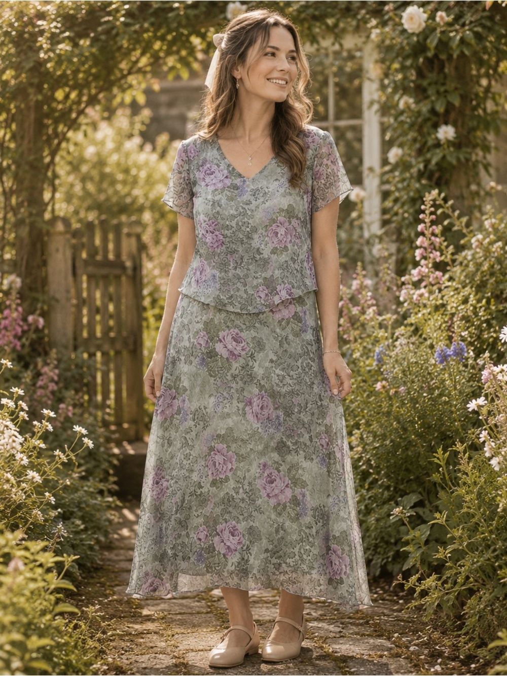 Vintage Y2K Connected Size 12 Floral Crinkle Layered Maxi Dress Sage Purple